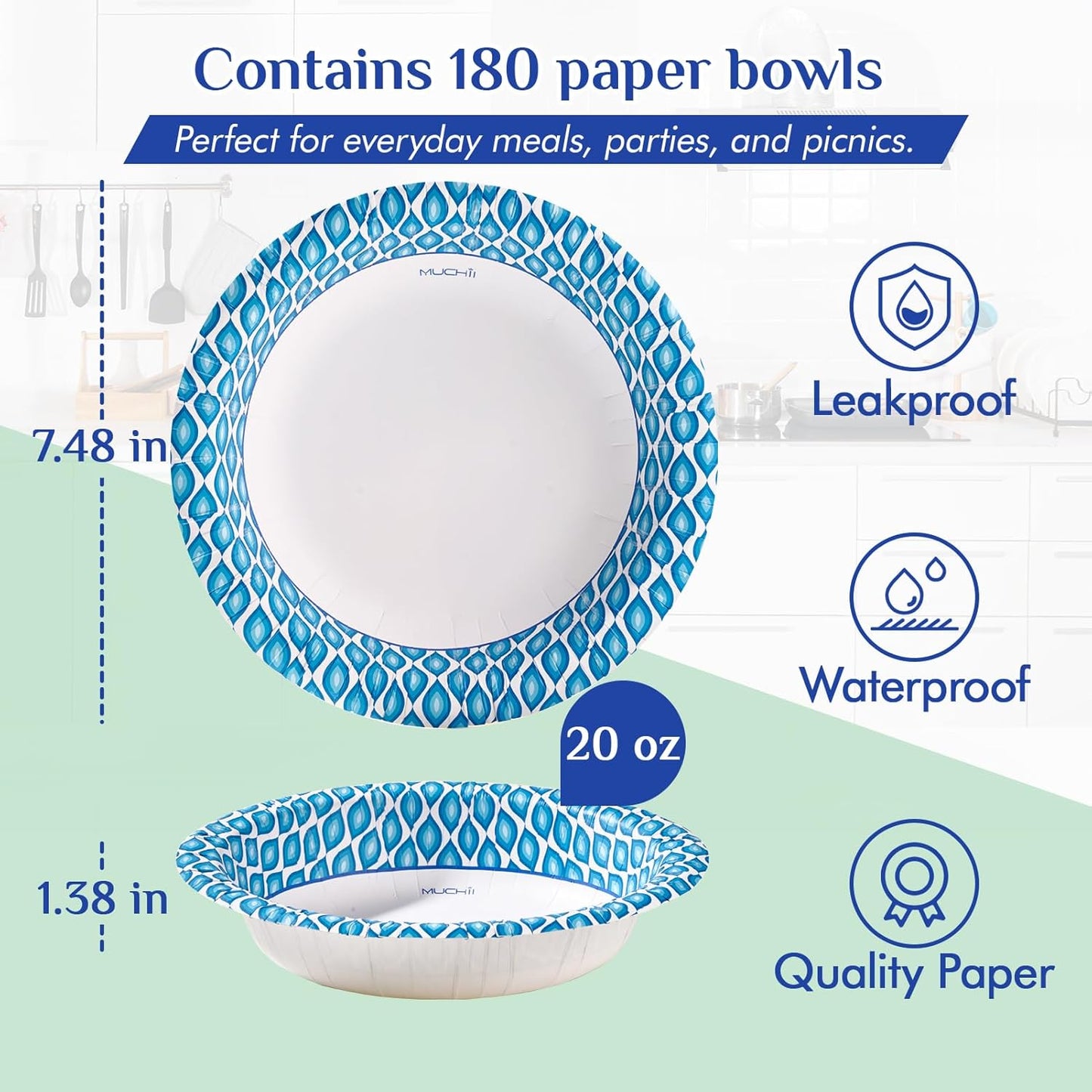 MUCHII 20 Oz Disposable Paper Bowls - 180 Count, Soak Proof Design for All Meals