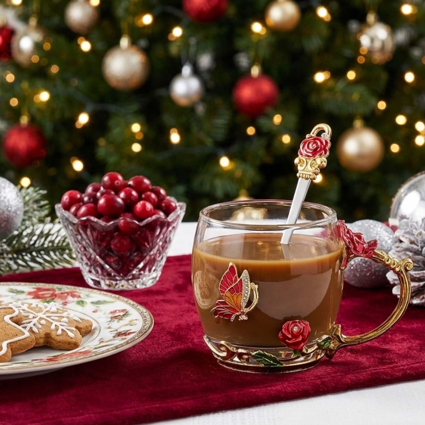 ColoVie Glass Tea Cups Set with Spoon, Coaster- 3D Red Flower Butterfly Coffee Mugs- Lead-Free Glass Coffee Cups- Best Birthday Gifts for Women, Mom- Enamels Mug- Mothers Day Gifts from Daughter