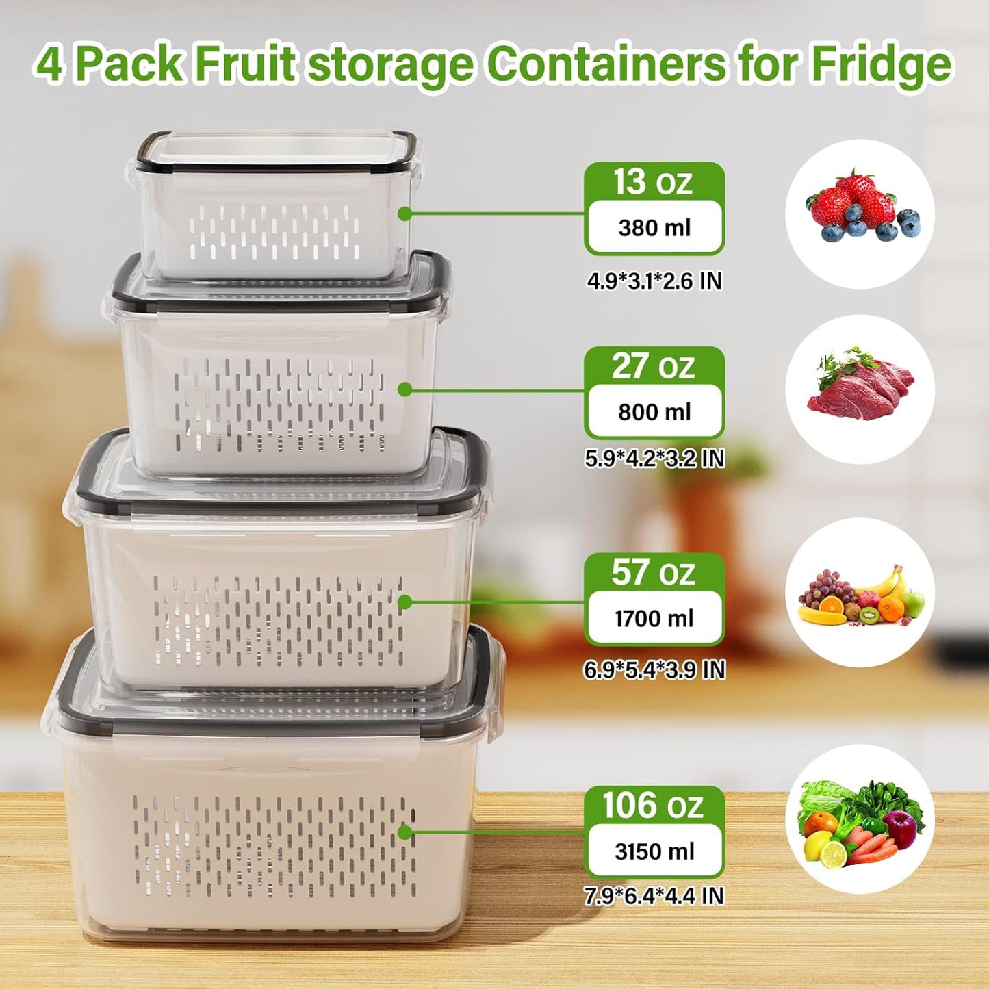 Skiennix 4 PCS Fruit Storage Containers - All-In-One Produce Wash Bowl with Strainer | Microwave & Dishwasher Safe