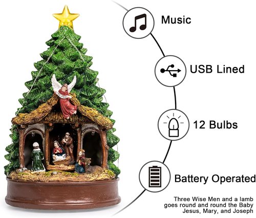 Candieslife Musical Christmas Tree - Rotating Nativity Scene with LED Star Light | Tabletop Holiday Decor