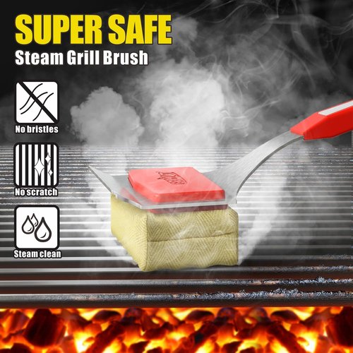 GRILLART Grill Brush - Bristle-Free BBQ Cleaning Pad for Safe Cast Iron & Stainless Steel Grates - Red