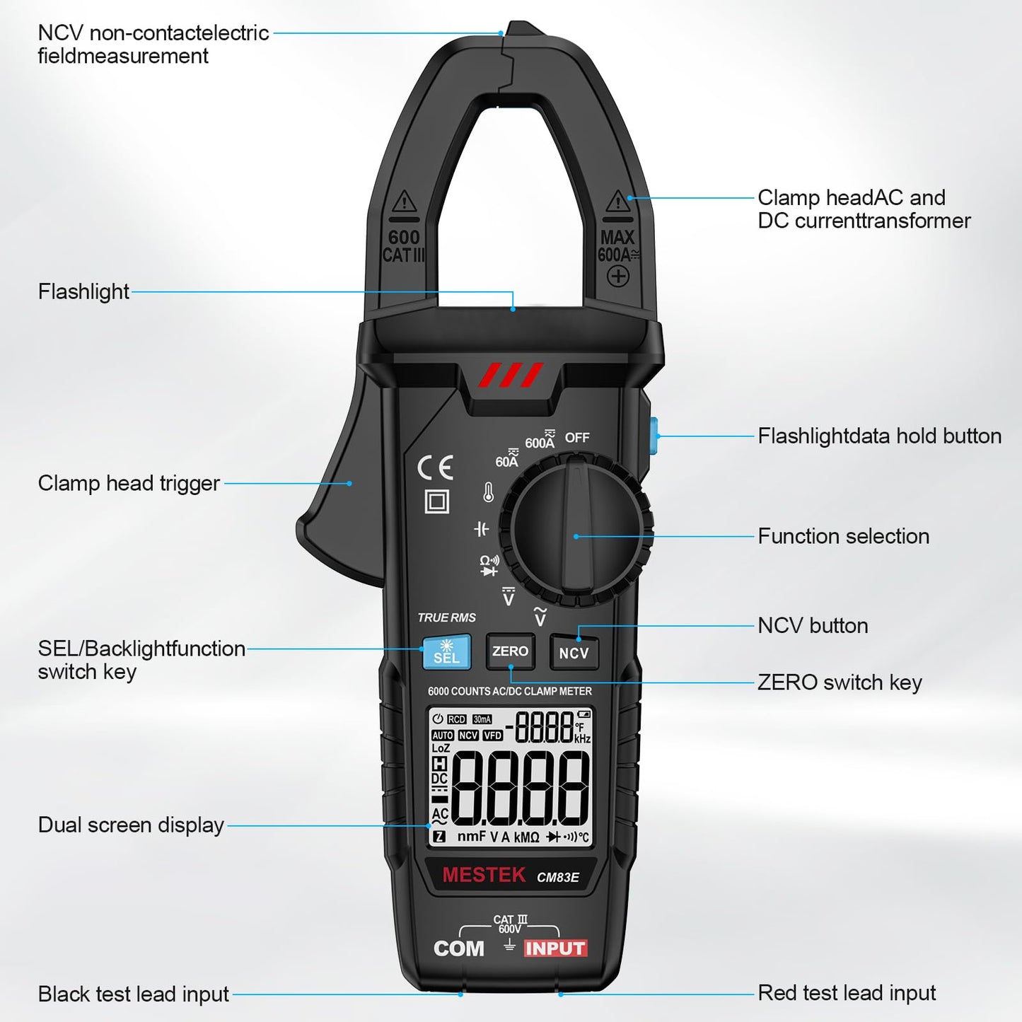 MESTEK Digital Clamp Meter Multimeter, TRMS 6000 Counts 600A Current Amp Volt Meter, Auto-Ranging Voltage Tester Measures AC DC Current Voltage Resistance Capacitance Temperature Diodes Continuity NCV
