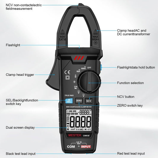 MESTEK Digital Clamp Meter Multimeter, TRMS 6000 Counts 600A Current Amp Volt Meter, Auto-Ranging Voltage Tester Measures AC DC Current Voltage Resistance Capacitance Temperature Diodes Continuity NCV