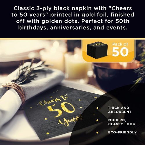 Cheers to 50 Years Cocktail Napkins | Happy 50th Birthday Decorations for Men and Women and Wedding Anniversary Party Decorations | 50-Pack 3-Ply Napkins | 5 x 5 inch folded (Black)