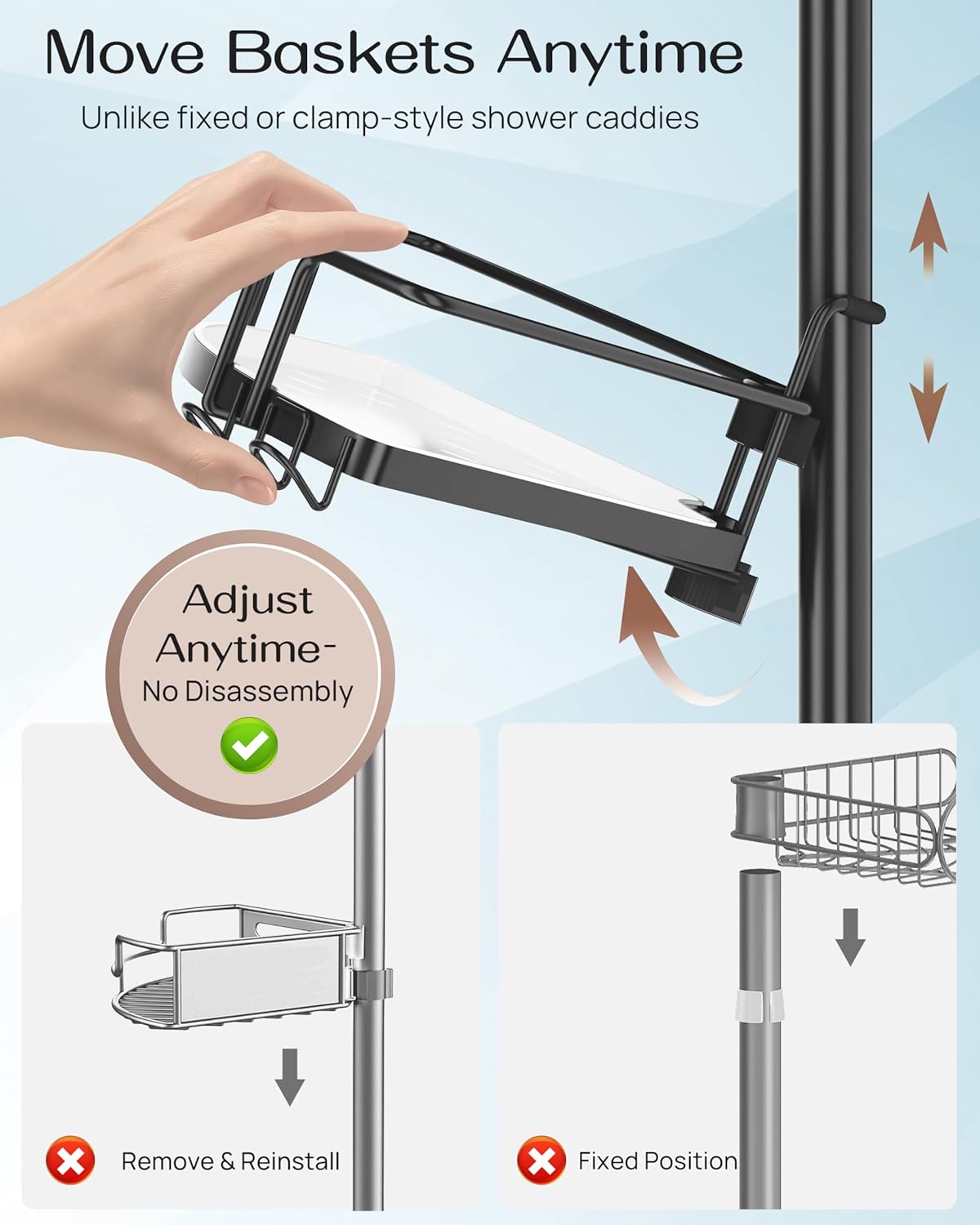 ALLZONE Corner Shower Caddy - Rustproof Tension Pole with 4 Adjustable Baskets & Extra Hooks | Fits 34–116 Inch, Black/White