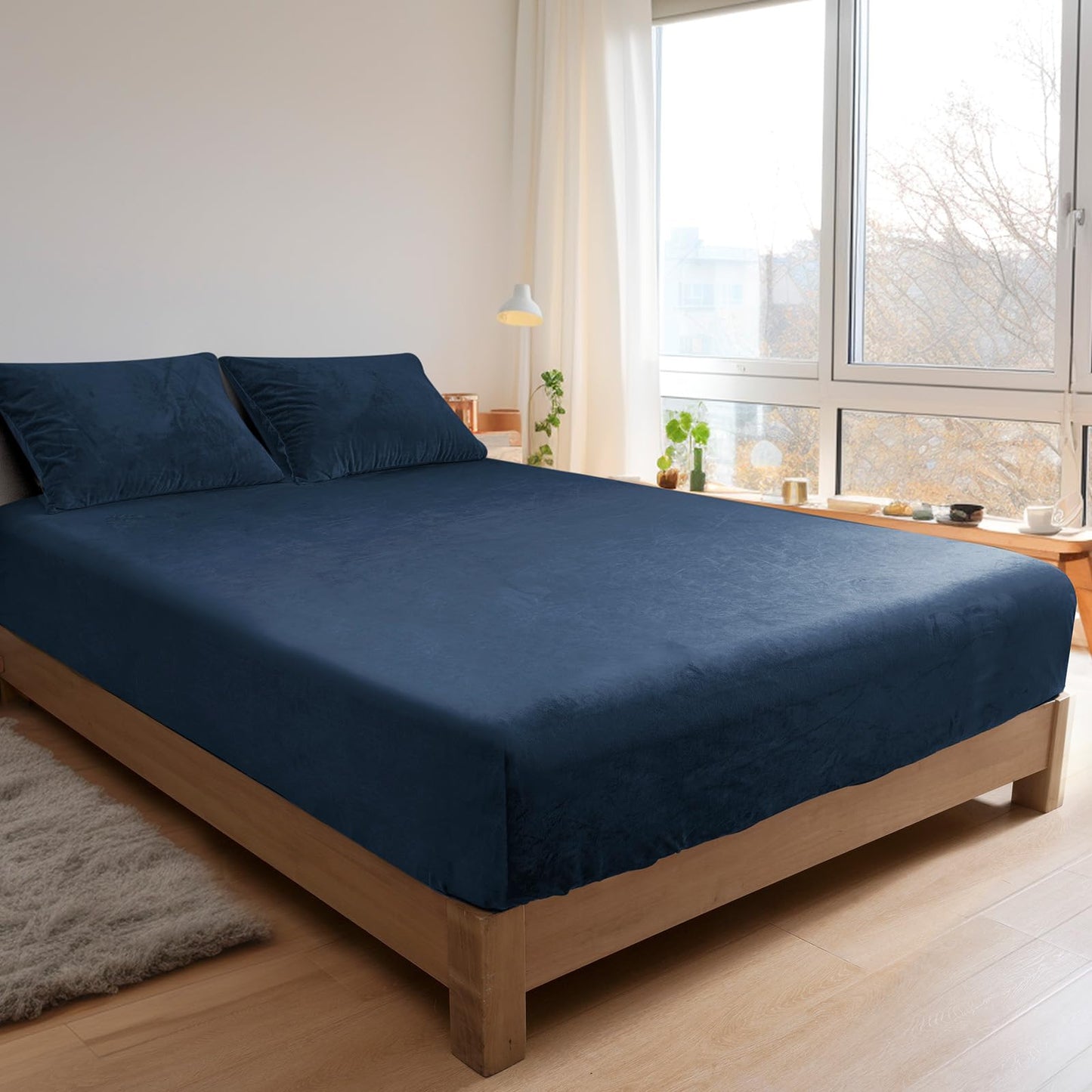 PHF Ultra Soft Velvet Fitted Sheet Twin Size, 16" Deep Pocket with Wider Stronger Elastic Band, Easy Fit Easy Care, 1 Pack Cozy Comfy Flannel Bottom Sheet for All Seasons, No Pillowcases, Navy Blue