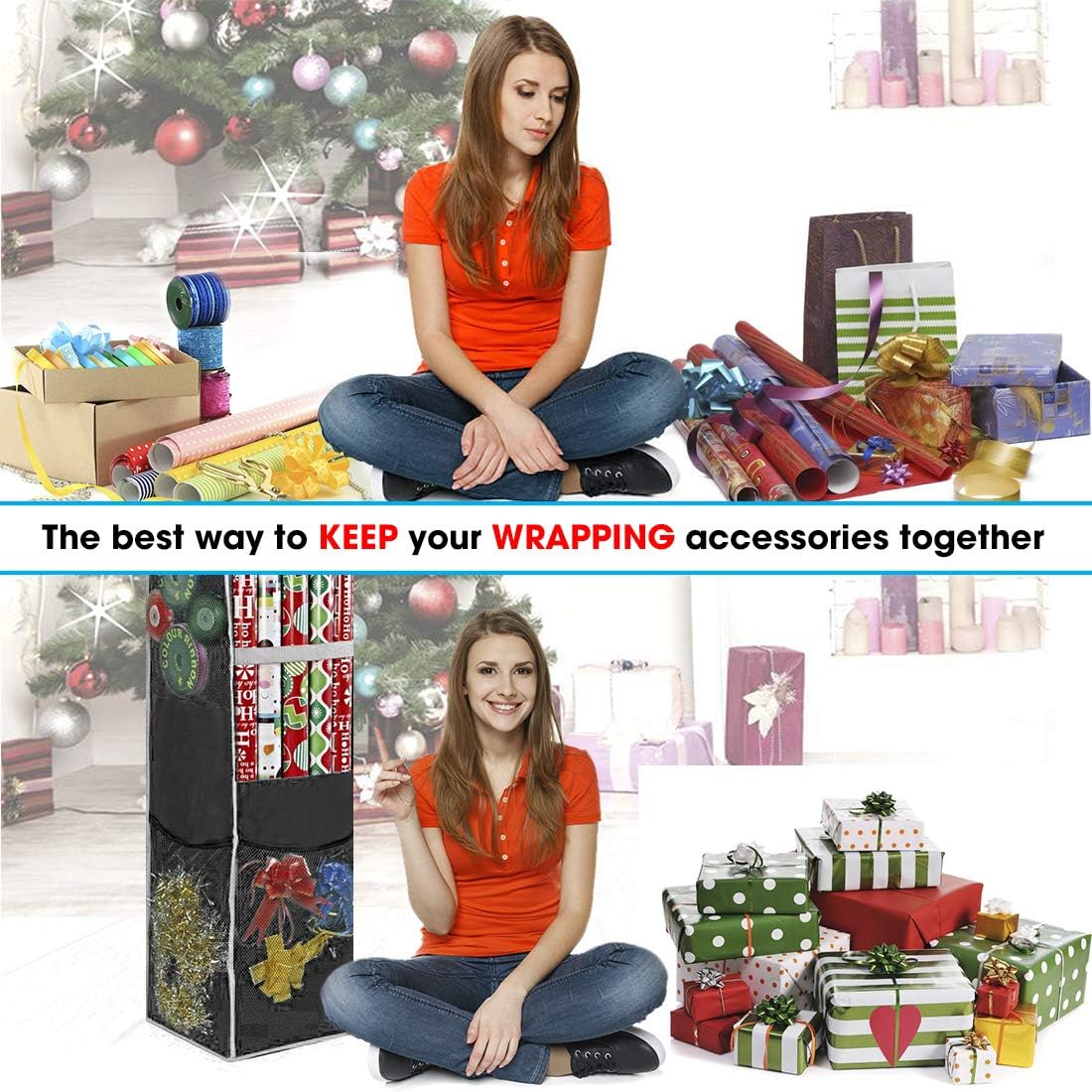 ProPik Holiday Wrapping Paper Storage Bag - 360° Swivel Hanger with Mesh Pockets | Holds 25 Rolls, 40 Inch, Black