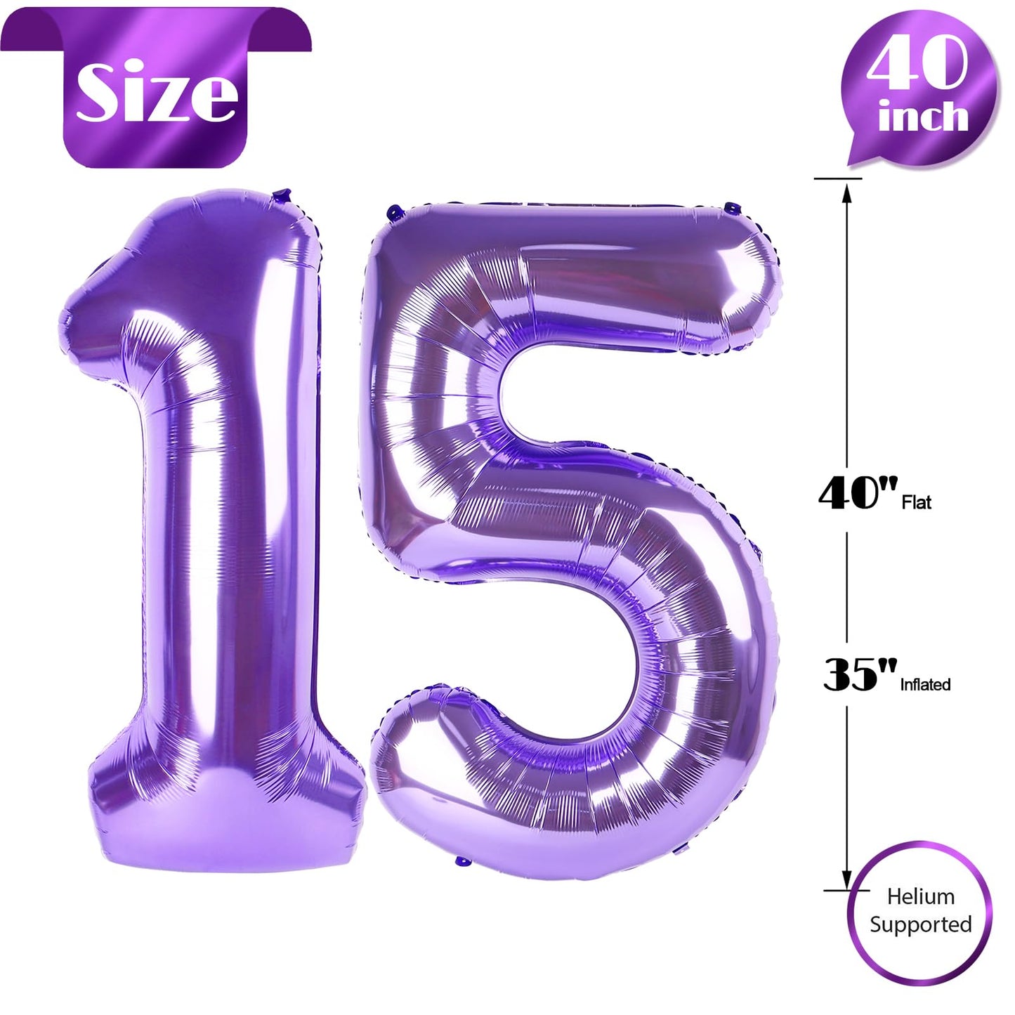 Purple Number 15 Balloon 40 inch, 15 Number Balloons, 15th Purple Birthday Decorations, 15 Year Old Girls Boys Party Supplies