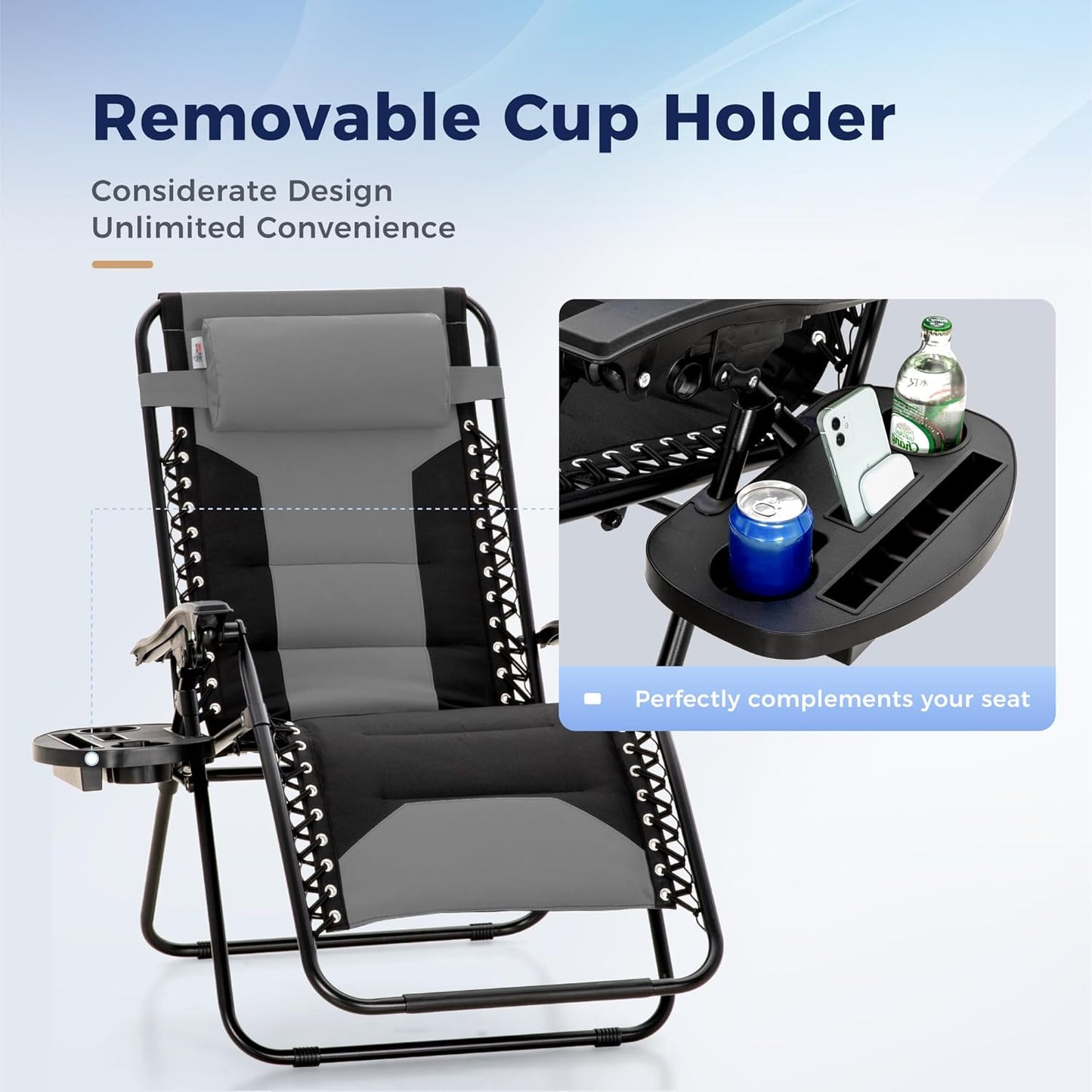 Maison Arts Oversized Zero Gravity Chairs - Set of 2 Folding Recliners with Cup Holder, 28" Wide Seat, Supports 400lbs, Grey & Black