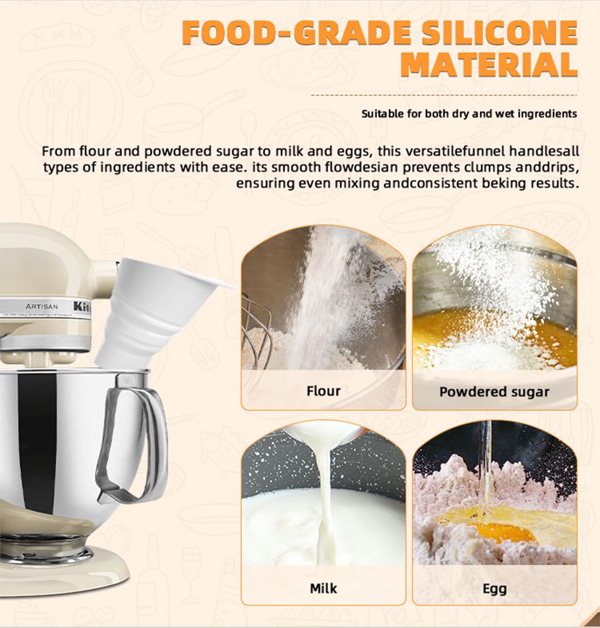 Silicone flour funnel for KitchenAid stand mixers, foldable wide-mouth design, anti-clog and splash-proof, easy to pour, suitable for KitchenAid Artisan KSM150 5-Quart Tilt-Head Mixer, dishwasher-safe