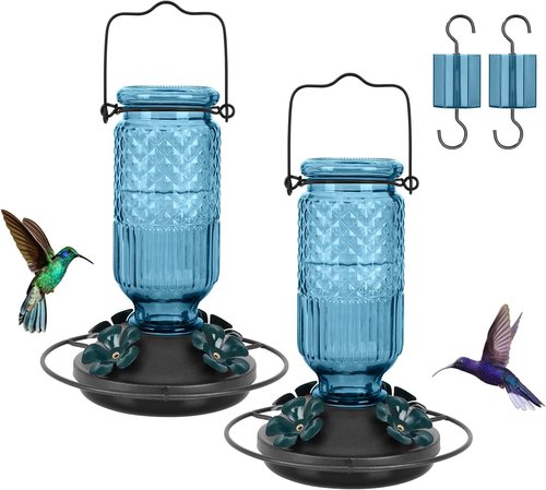 FEED GARDEN Glass Hummingbird Feeder - 16 Oz with 4 Bee Guard Ports & Ant Moat | Blue, 2 Pack for Outdoor Use