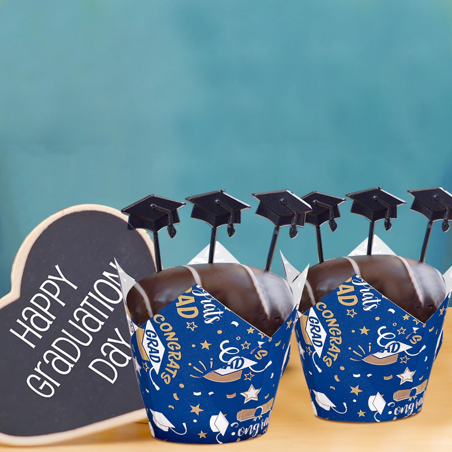 Nuenen 200 Pcs Graduation Tulip Cupcake Liners Bulk 2026 Congrats Grad Paper Baking Cup Greaseproof Muffin Liners Holders Graduation Cap Cake Paper Cup Tulip Cupcake Wrappers for Party(Blue, Gold)