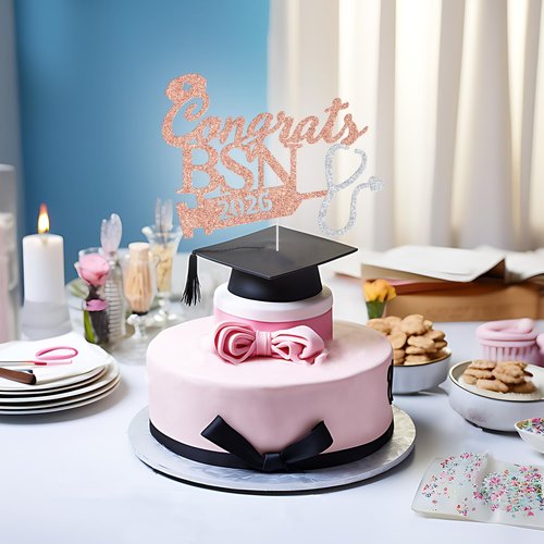BSN Graduation Cake Topper - 2026 Nurse RN Medical School Party Decoration | Rose Gold Glitter