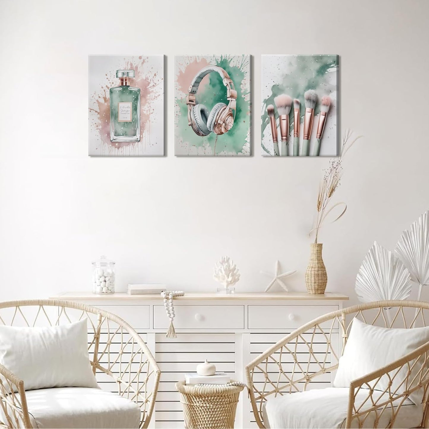 Skiennix Fashion Makeup Canvas Wall Art Set - Trendy Pink & Sage Green Decor for Teen Girls | 12x16 Inch Framed