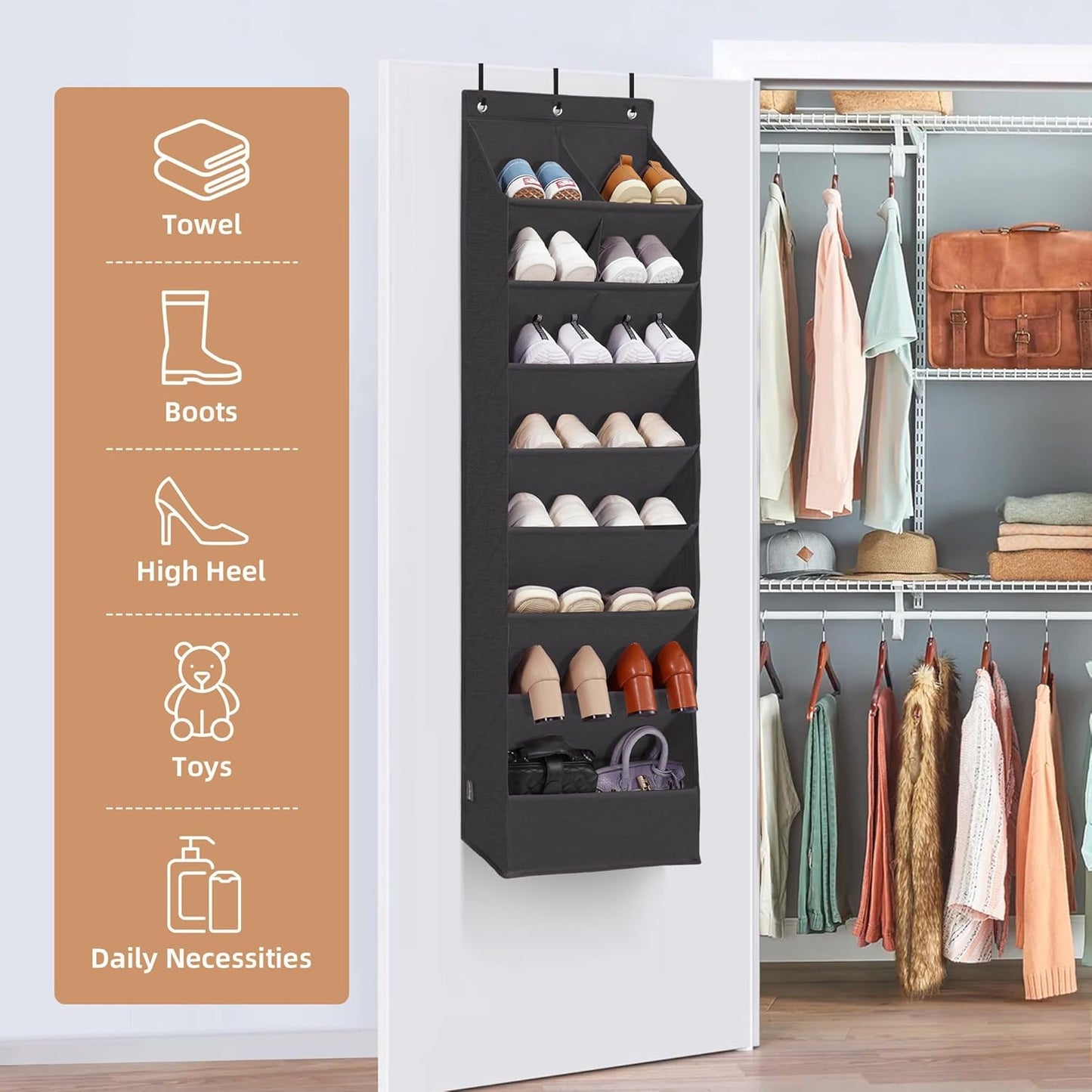 Storage Maniac Over The Door Shoe Organizer - Heavy-Duty Hanging Rack with Large Deep Pockets | Black, 1 Pack