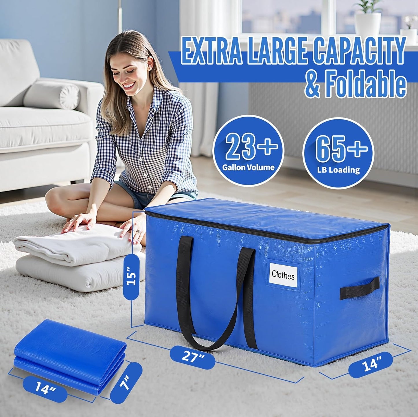 BAGAIL Heavy Duty Moving Bags with Strong Handle, Extra Large Moving Boxes, Storage Tote for Clothes, College Moving Supplies(Blue, 6 Pack)
