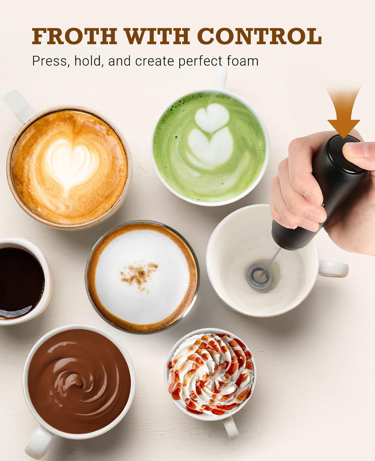 SimpleTaste Handheld Electric Milk Frother - Stainless Steel Whisk for Cappuccino & Latte | USB-C Rechargeable, Black