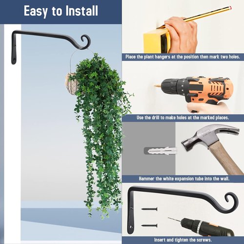 FEED GARDEN Wall Hooks for Hanging Plants - Heavy Duty Metal Brackets, 48 lbs Capacity, Rust Resistant Black | 10 Inch, 2 Pack