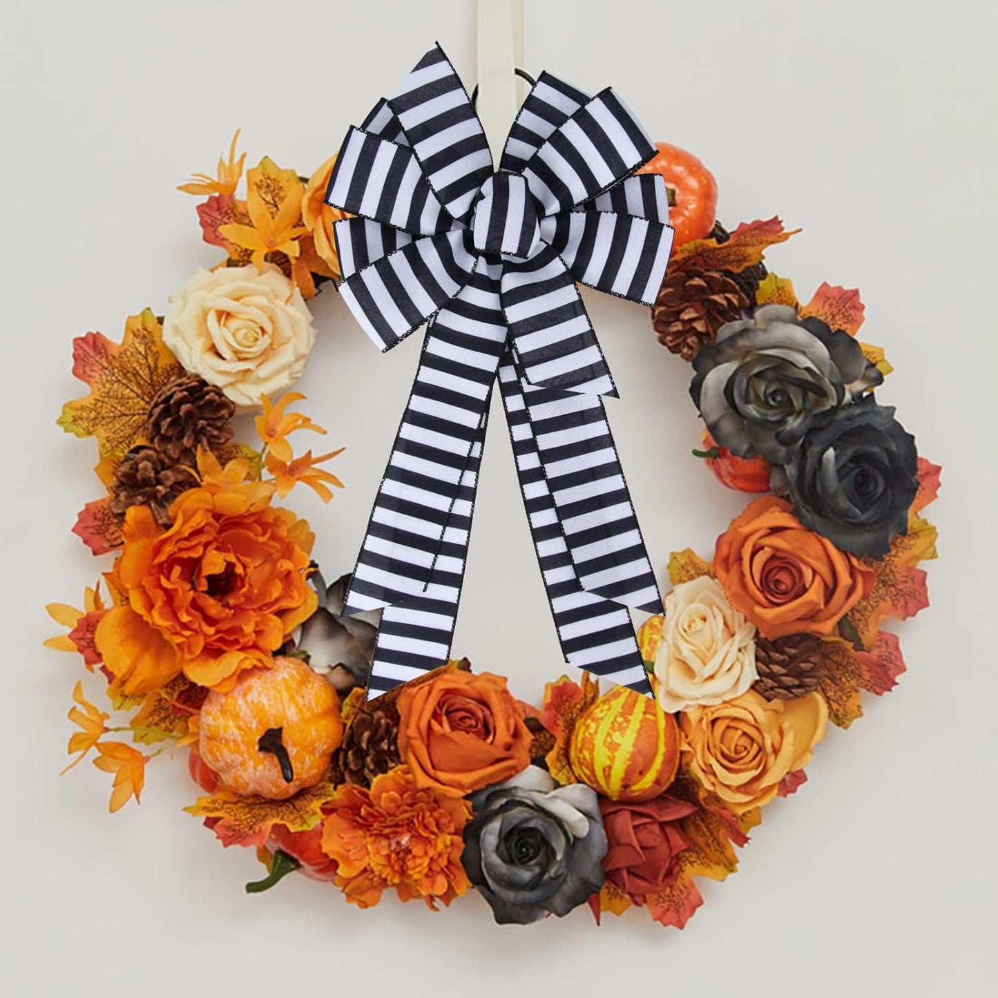 Meseey Christmas Ribbon Bow - Large Black and White Striped Design | 20 x 11 Inch Wreath Decor
