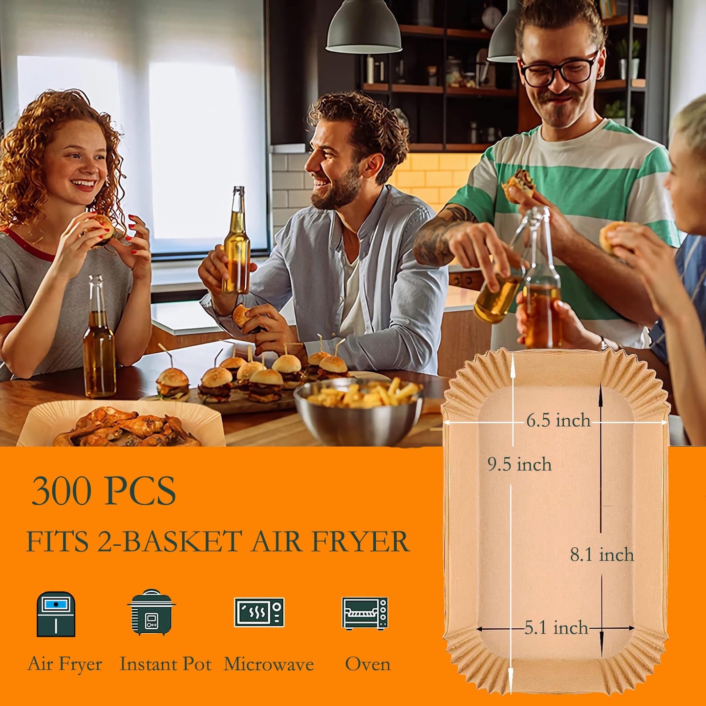 EPLTFCH 300 PCS Air Fryer Liners Disposable, 8.1 * 5.1 inch Air Fryer Paper Fit 2-Basket 8-10QT, Food Grade Baking Paper made for Ninja DZ201,DZ401,DZ550,SL401