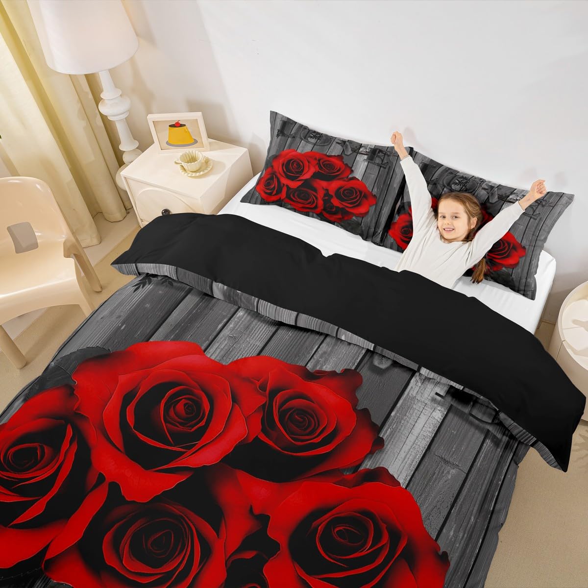 Erosebridal Red Rose Bedding Set King Red Black Valentine's Day Comforter Cover for Girls Women Men Couple,Romantic Floral Duvet Cover Rustic Farmhouse Bed Set with Zipper 2 Pillow Cases Grey