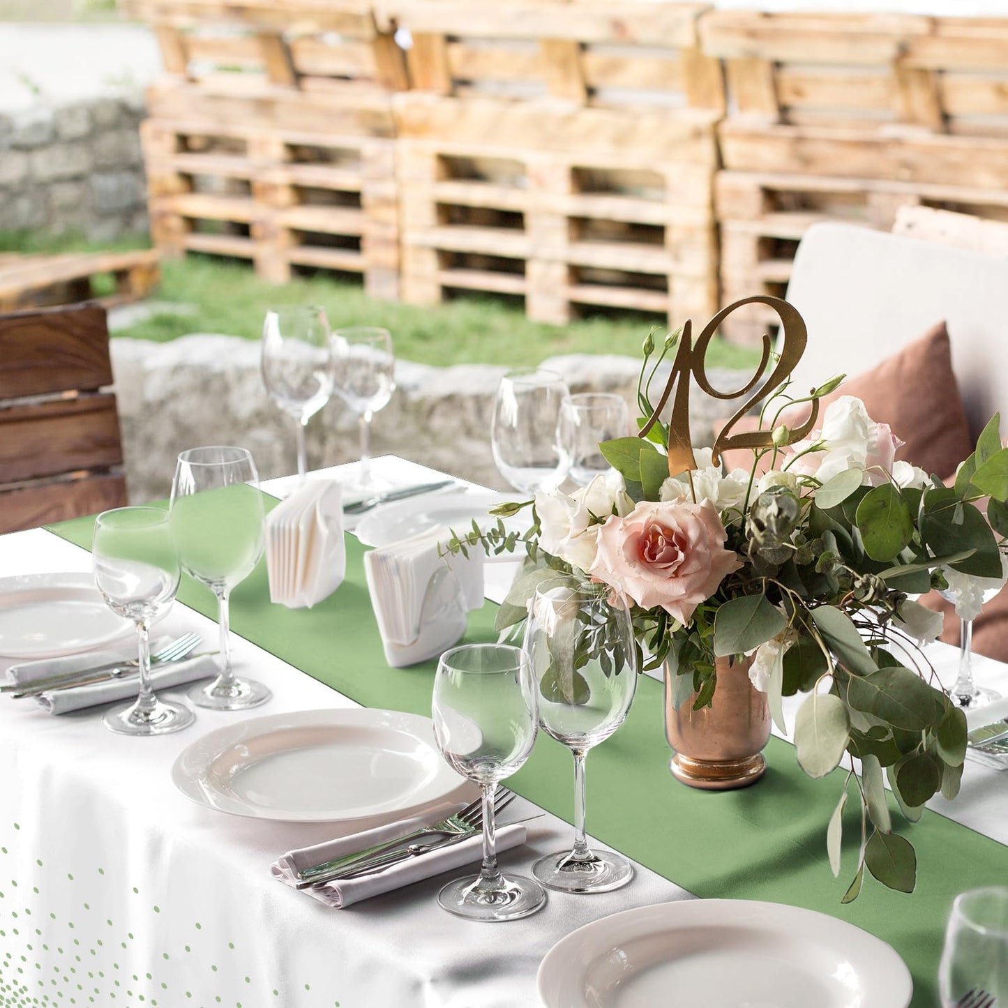 8Pack Plastic Tablecloths and Satin Table Runner Set Disposable White and Sage Green Dot Table Cloth Green Satin Table Runner for Wedding Birthday Baby Shower Anniversary Holiday Party Decorations