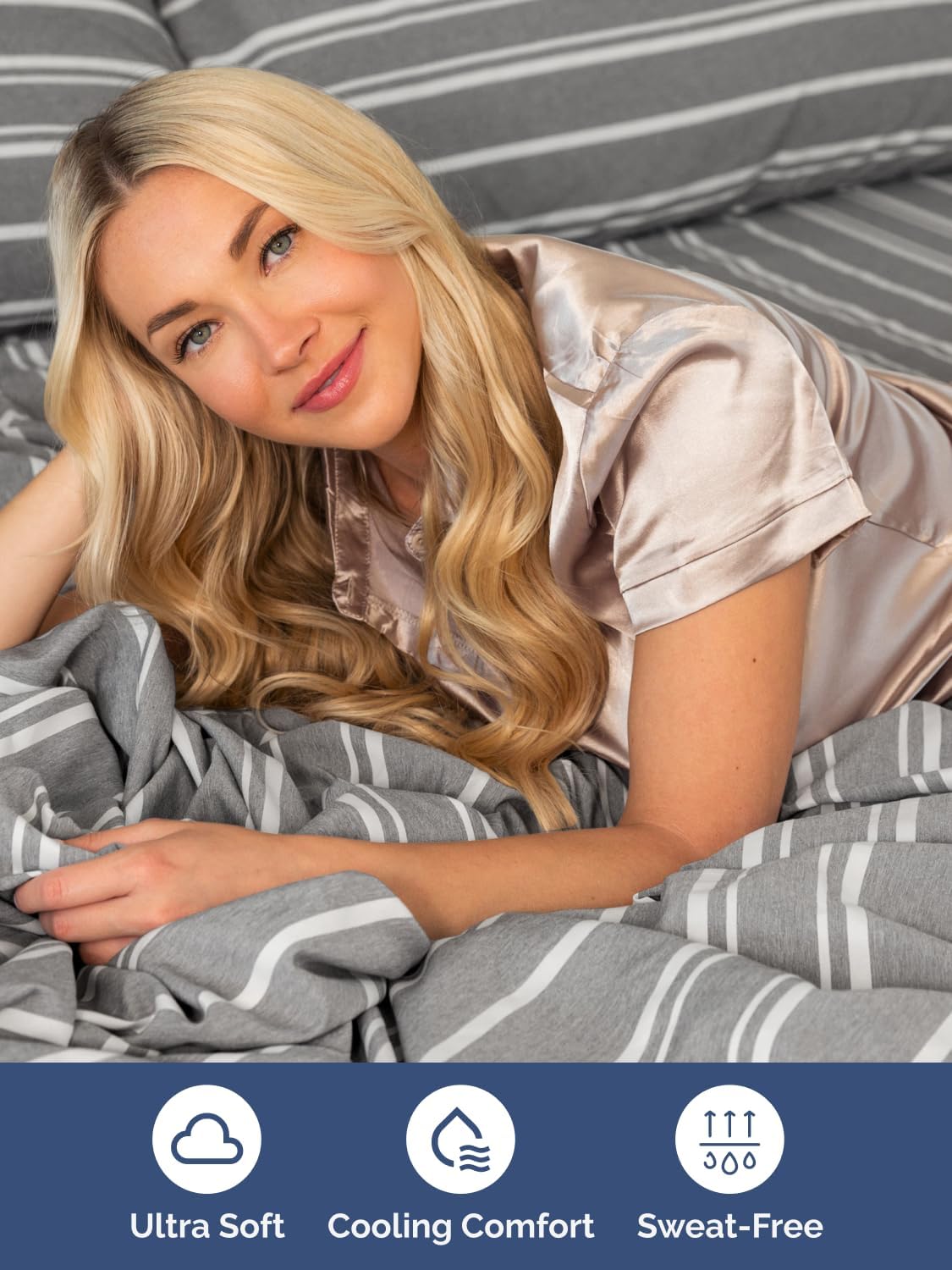 Skiennix Extra Deep Queen Sheet Set - 6-Piece Breathable Cooling Bedding - Soft, Wrinkle-Free Grey Stripes