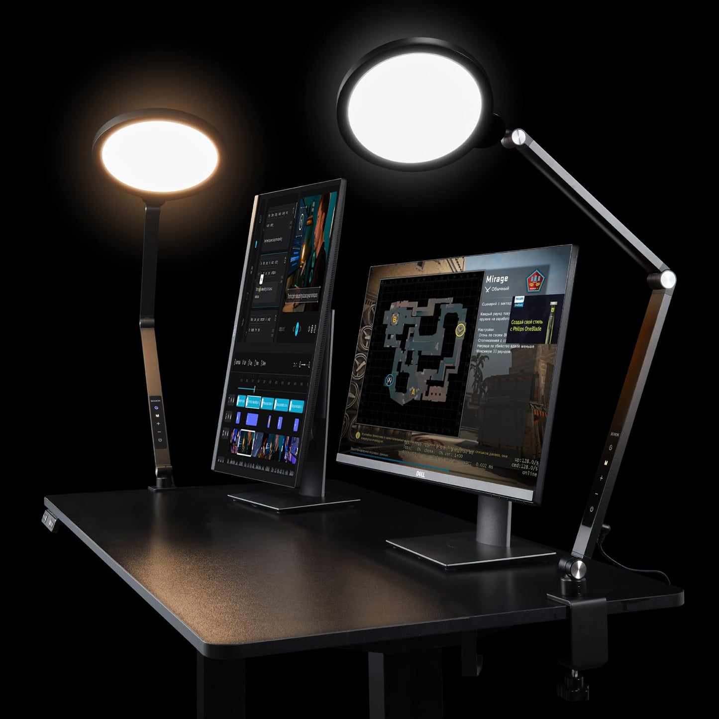 BOHON Desk Lamps for Home Office, 15W 5 Color Modes 10 Brightness Ring Light for Desk, Flexible Swing Arm LED Desk Light with Clamp for Video Conference Lighting Reading Zoom Streaming Table