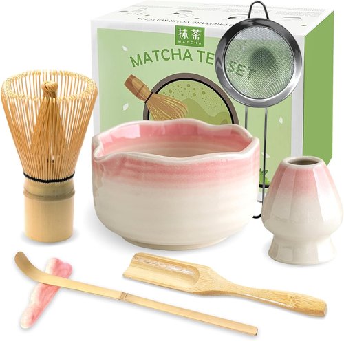 JBER Matcha Whisk Set - Complete 7PCS Ceramic Matcha Kit with Bamboo Whisk, Bowl & Accessories | Gradient Pink