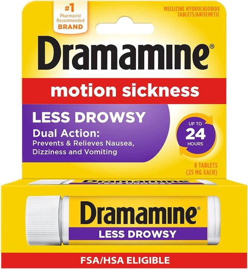 Dramamine Motion Sickness Relief - Less Drowsy Travel Vial, 8 Count, Multicolor Options