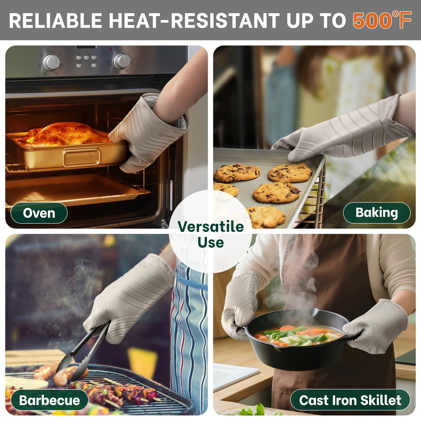 Beneno BPA-Free Silicone Oven Mitt 2-Pack Set, Heat Resistant 500°F Oven Mitts with Non-Slip Grip, Soft Thicker Lining, 7"x13", Beige