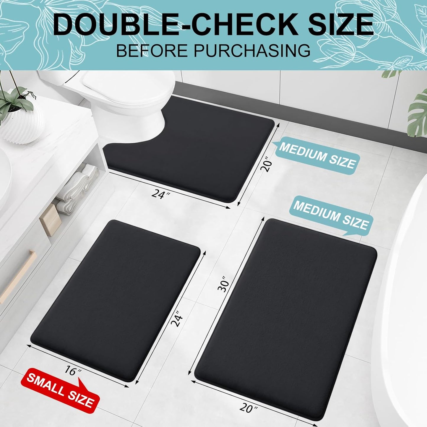 Smiry Memory Foam Bath Mat - Extra Soft & Absorbent Non-Slip Bathroom Carpet | 30x20 Inches, Black