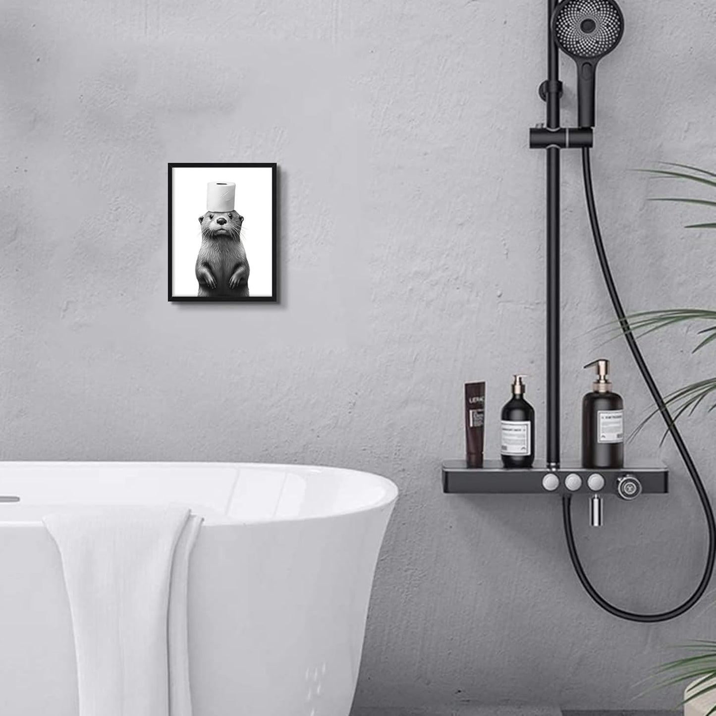 Skiennix Funny Bathroom Wall Art - Cute Otter Holding Toilet Paper | Black & White Canvas Print 8x10 Inch