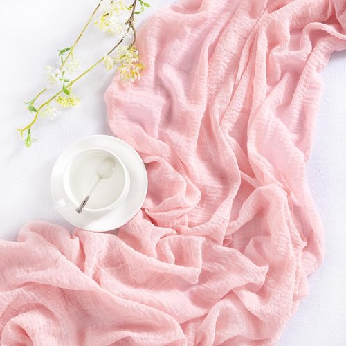 DeZerlor Blush Pink Cheesecloth Table Runner - 120 Inch Boho Gauze for Spring & Easter Celebrations | 4 Pack