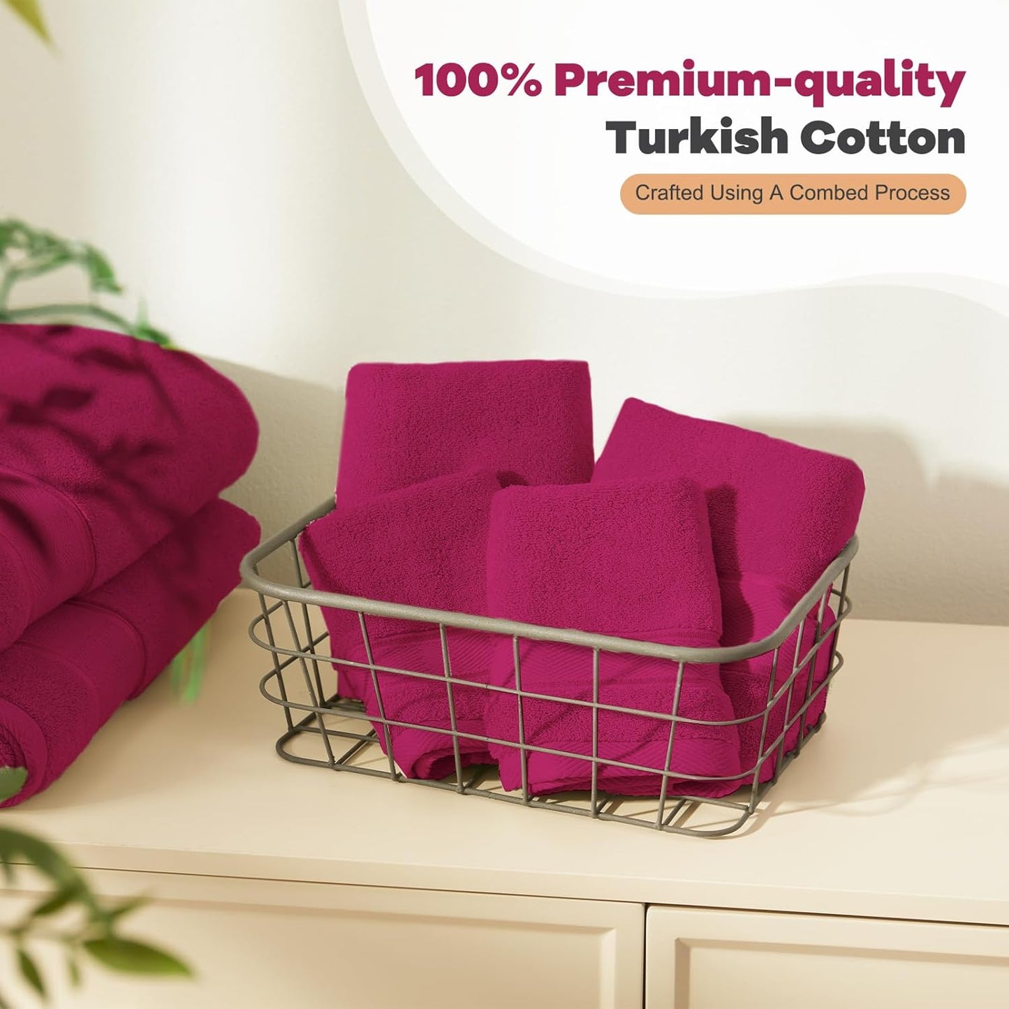 Marvione Bath Towels Set - 100% Turkish Cotton, Highly Absorbent & Soft - 6 Pieces in Hot Pink