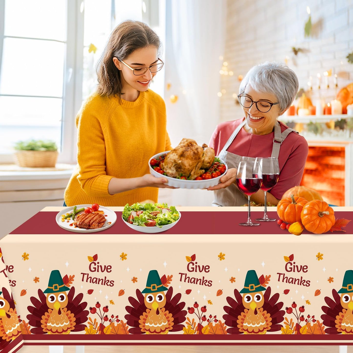 Thanksgiving Tablecloth,2 Pack Disposable Plastic Tablecloths for Rectangle Tables 54"x108",Thanksgiving Decorations,Turkey Table Cloths for Home,Dinner,Give Thanks Table Cover for Picnic,Birthday