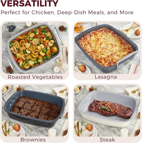 HONGBAKE Extra Large Nonstick Turkey Roasting Pan - 18.7" x 13.6" with Rack for 25 lb Turkey & Chicken | Heavy Duty Steel, Gray