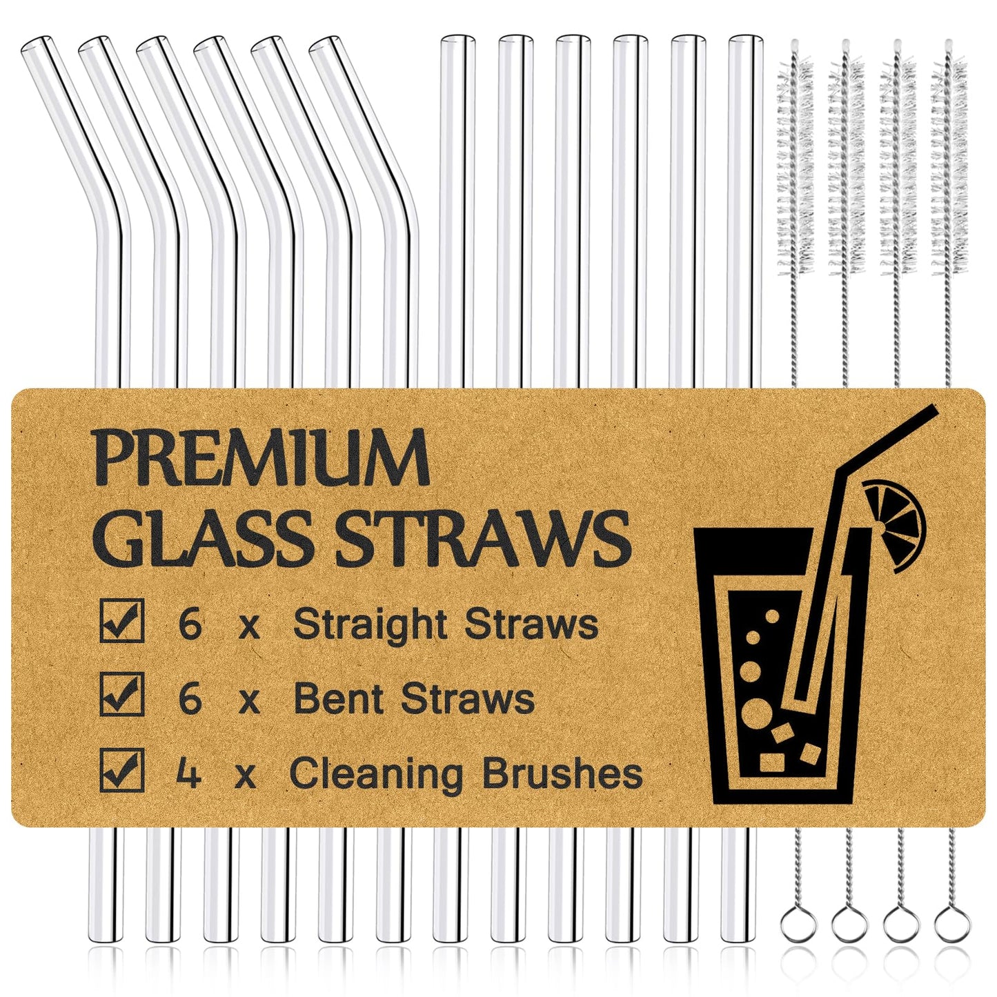 Mohary® 16-Pack Reusable Glass Straws, Clear Glass Drinking Straws, 8.5''x10MM, Set of 6 Straight and 6 Bent with 4 Straw Cleaner Brushes, Shatter Resistant, Perfect for Smoothies, Juice, Tea