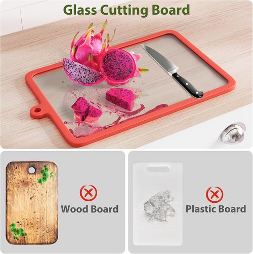 Freshmage Glass Cutting Boards - 2-Piece Non-Slip Chopping Board Set with Hanging Hole | Dishwasher-Safe Clear Design for Kitchen Meal Prep & Serving