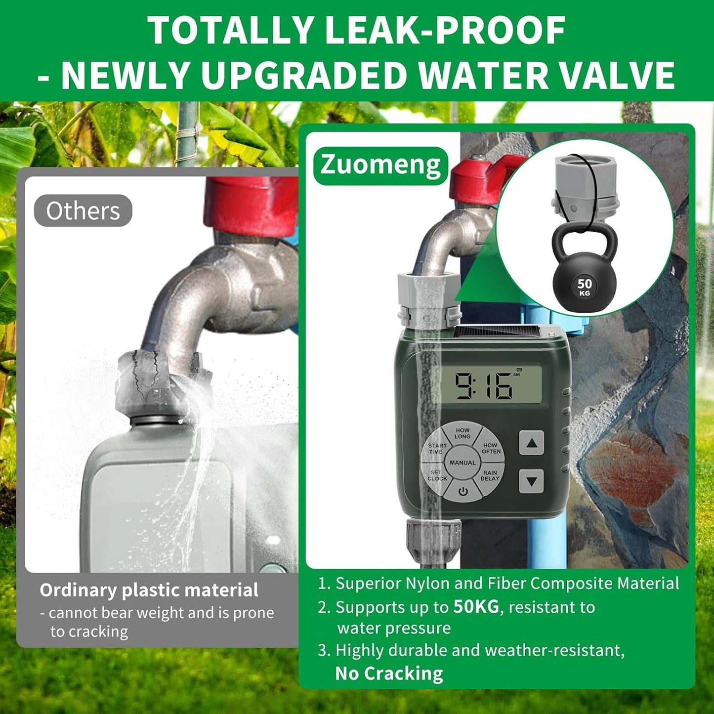 Zuomeng Hose Timer - Smart Irrigation Controller with Leak-Proof Design | Dual Power System, Green