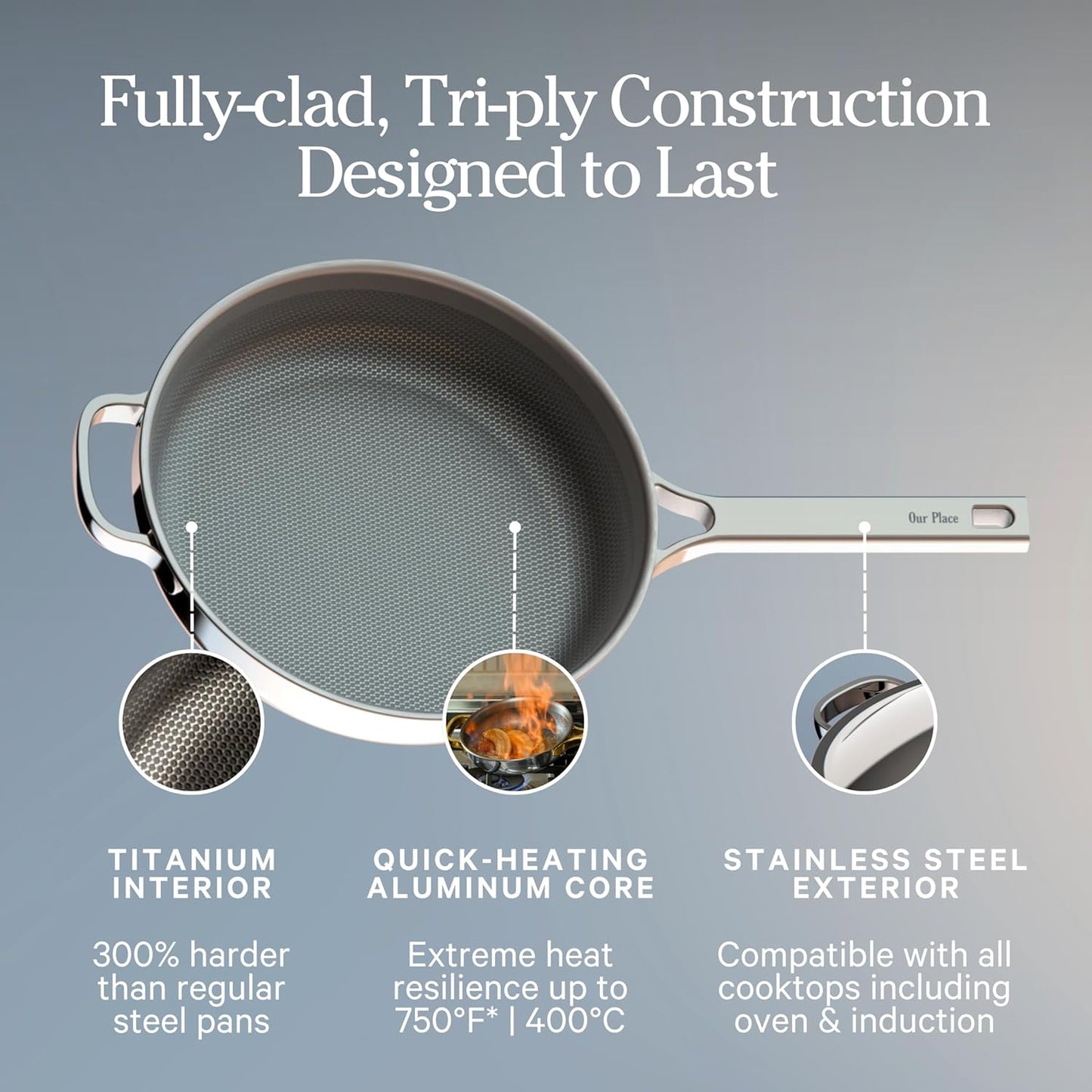 Our Place Titanium Always Pan Pro - 10.6" PFAS-Free Nonstick Frying Pan with Spatula | Chef-Grade Tri-Ply Stainless Steel & Aluminum | Induction & Oven-Safe up to 750°F | Gold