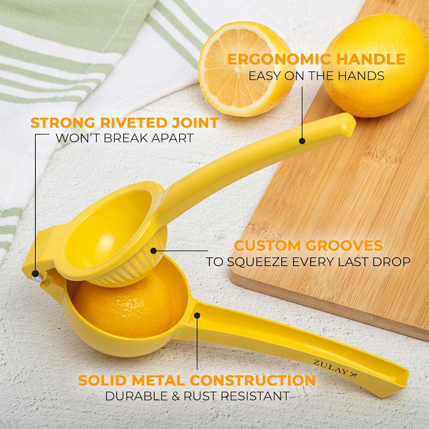 Zulay Kitchen Metal Lemon Squeezer - Easy-To-Use Handheld Citrus Juicer - Manual Press for Maximum Juice Extraction