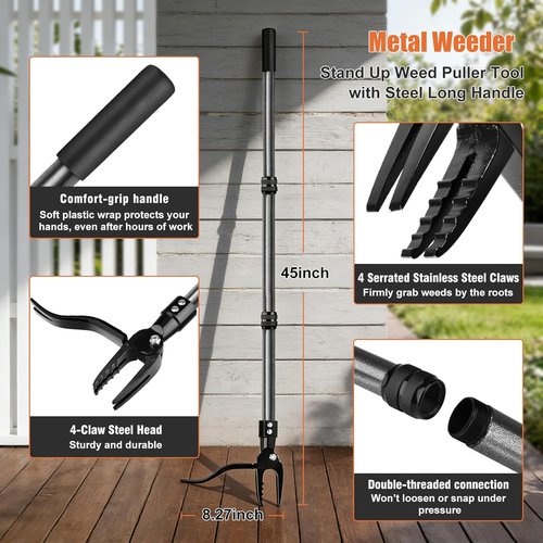 GOXAWEE Metal Stand Up Weed Puller Tool - 45" Steel Long Handle & 4-Claw Head for Easy Weeding