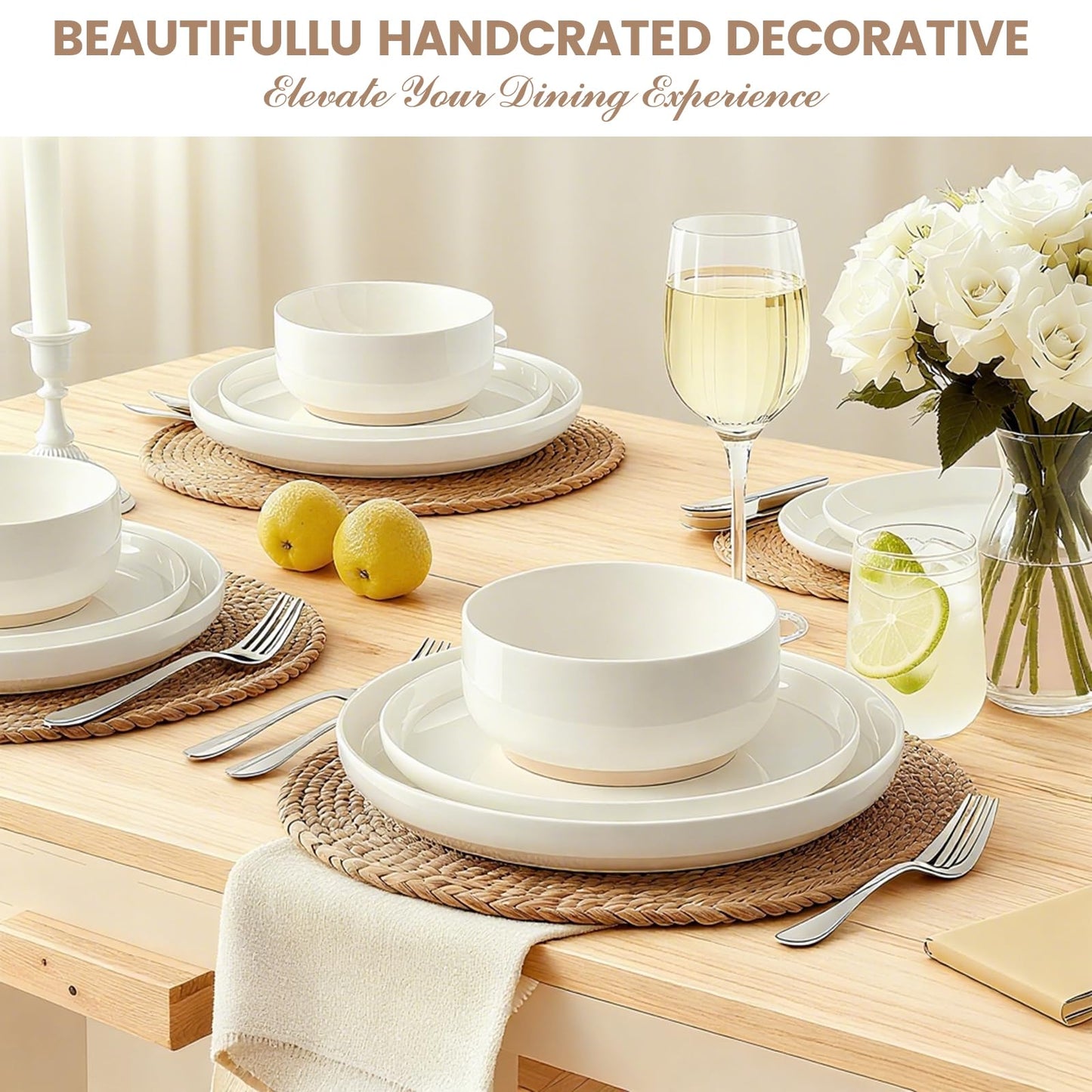 Plates and Bowls Sets, Scratch Resistant Dinnerware Sets for 8, 24 Pieces Porcelain Ceramic Dishware Dishes Set, Modern Stoneware Kitchen Dinner Set, Microwave and Dishwasher Safe, Cream White