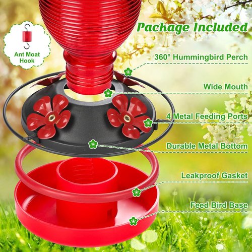 FEED GARDEN Glass Hummingbird Feeder - 20 OZ Capacity with 4 Bee Guards & Ant Moat | Red, 1 Pack