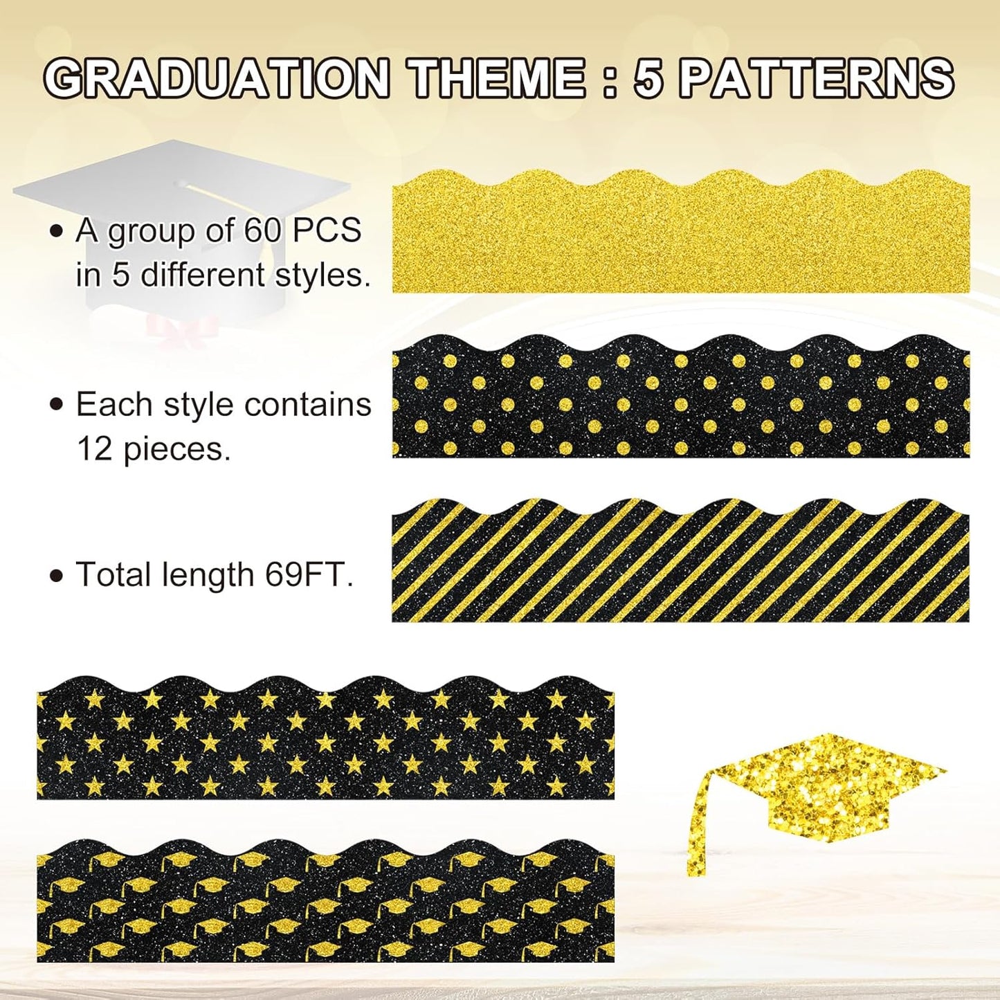 Whaline Graduation Bulletin Board Borders - Glitter Black & Gold Cap & Star Design | 69 Ft Trim for Classroom & Office Decor