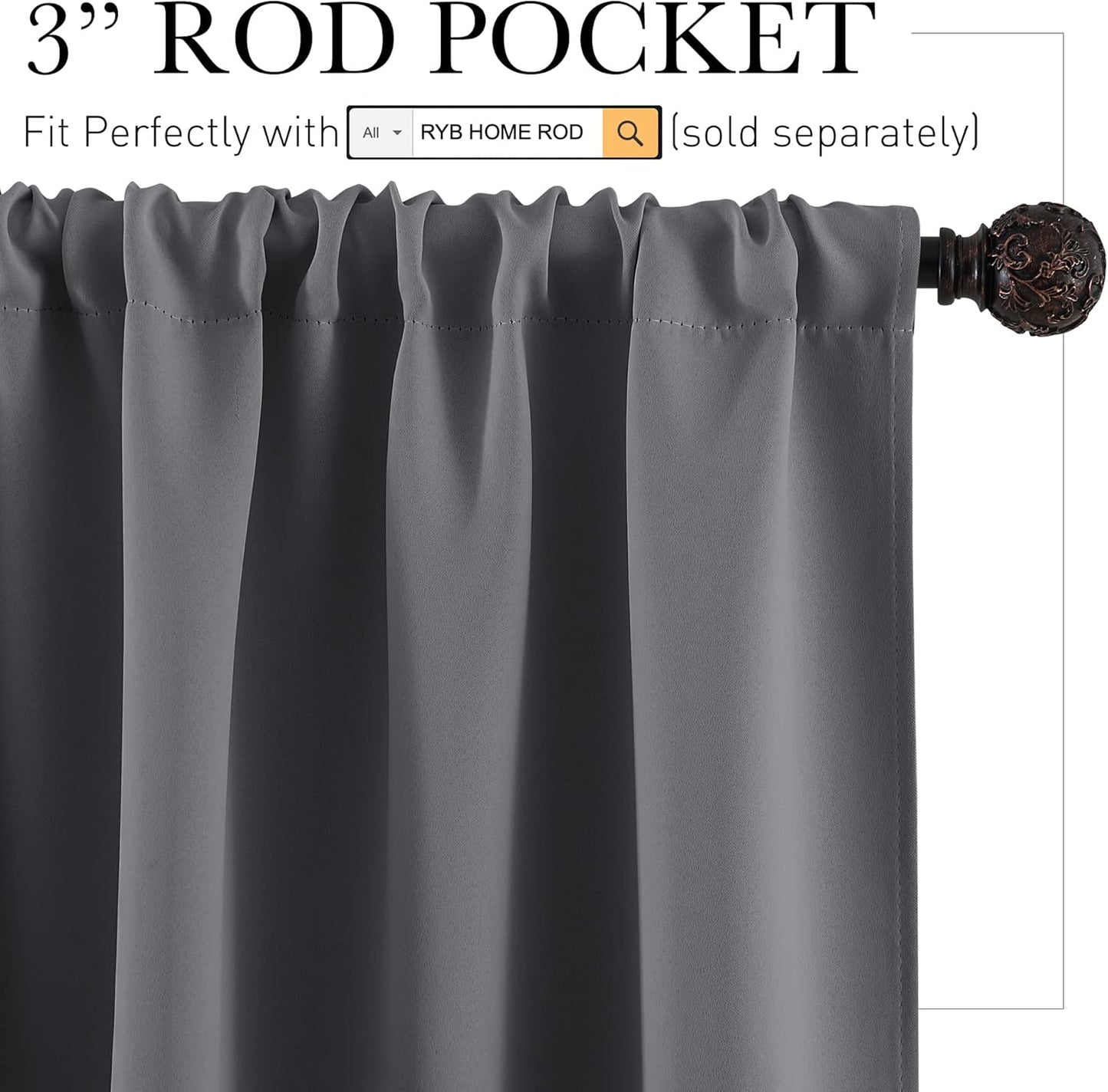 RYB HOME Short Grey Blackout Curtains - UV Blocking Insulating Drapes for Small Windows | 42" x 36", Set of 2