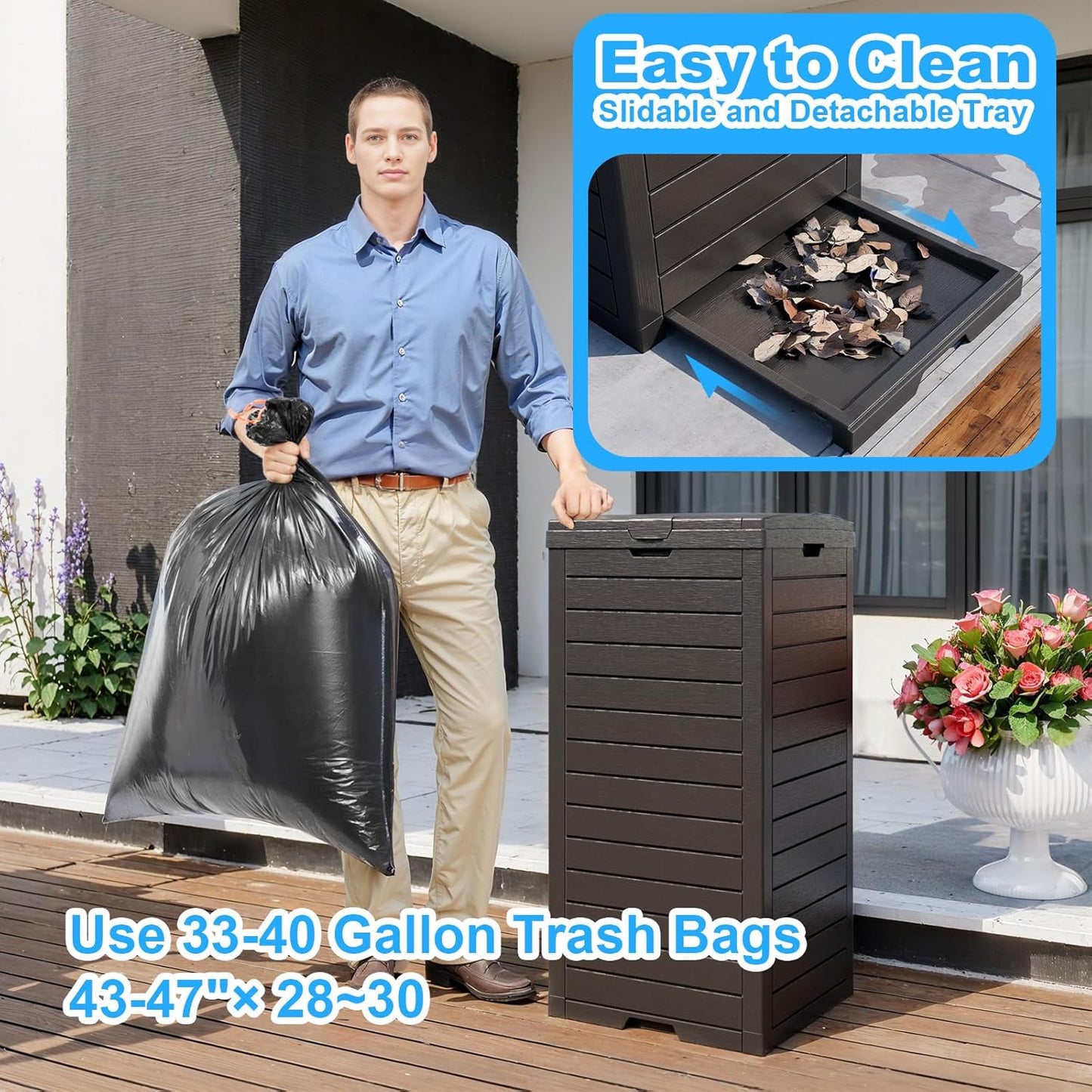Skiennix Outdoor Trash Can - Waterproof Resin Garbage Bin with Dual Lid & Pull-Out Drawer | 38 Gallon, Black
