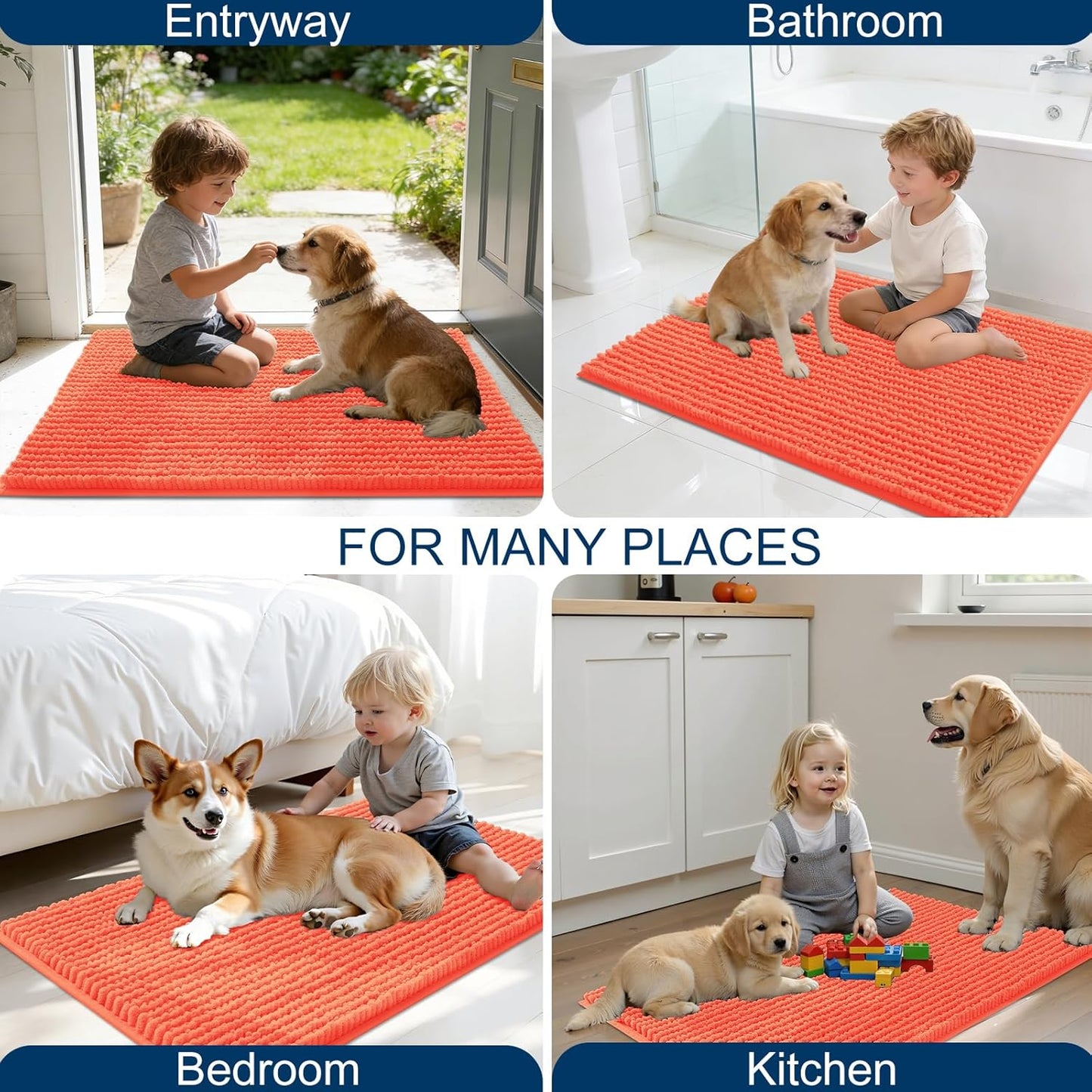 OLANLY Dog Door Mat - Ultra Absorbent Chenille Mud Doormat, Non-Slip & Washable, 36x24, Coral