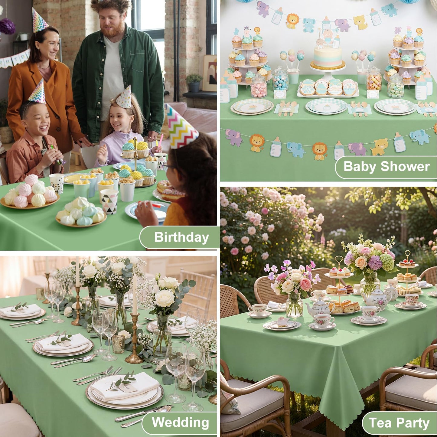3 Pack Plastic Sage Green Tablecloth, 54 X 108Inch Scalloped Table Cover Disposable Sage Green Tables Cloth for Rectangle Tables Waterproof Table Cover for Baby Shower Bridal Tea Party Wedding